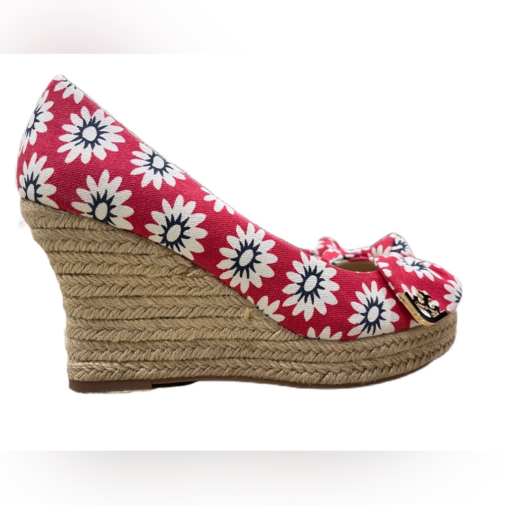 Tory Burch Dory Nantucket Red Navy Sea White Primrose Peep Toe Espadrille Wedges - Picture 9 of 15